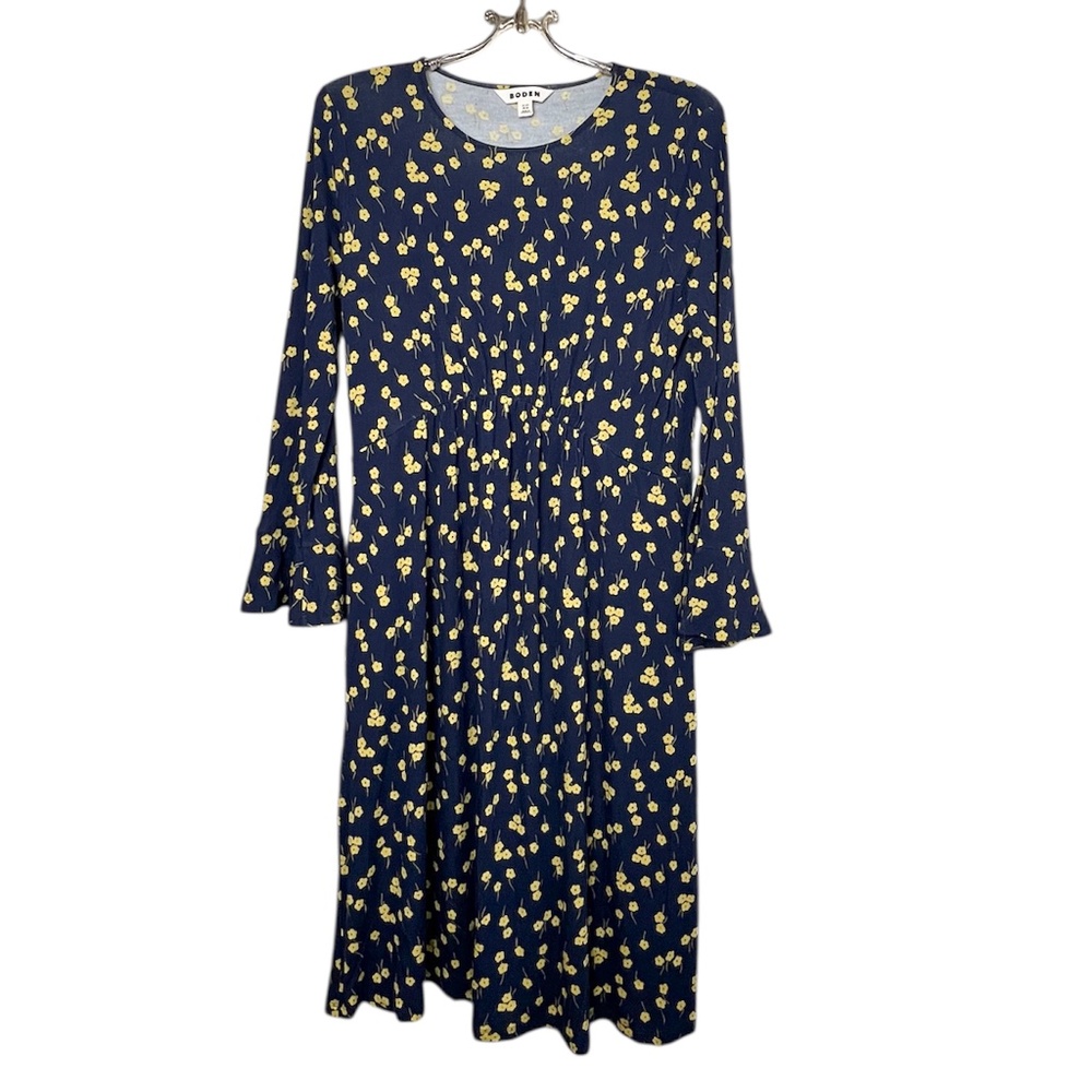 Boden Navy Blue and Yellow Disty Floral Print Midi Jersey Dress Size 8R
